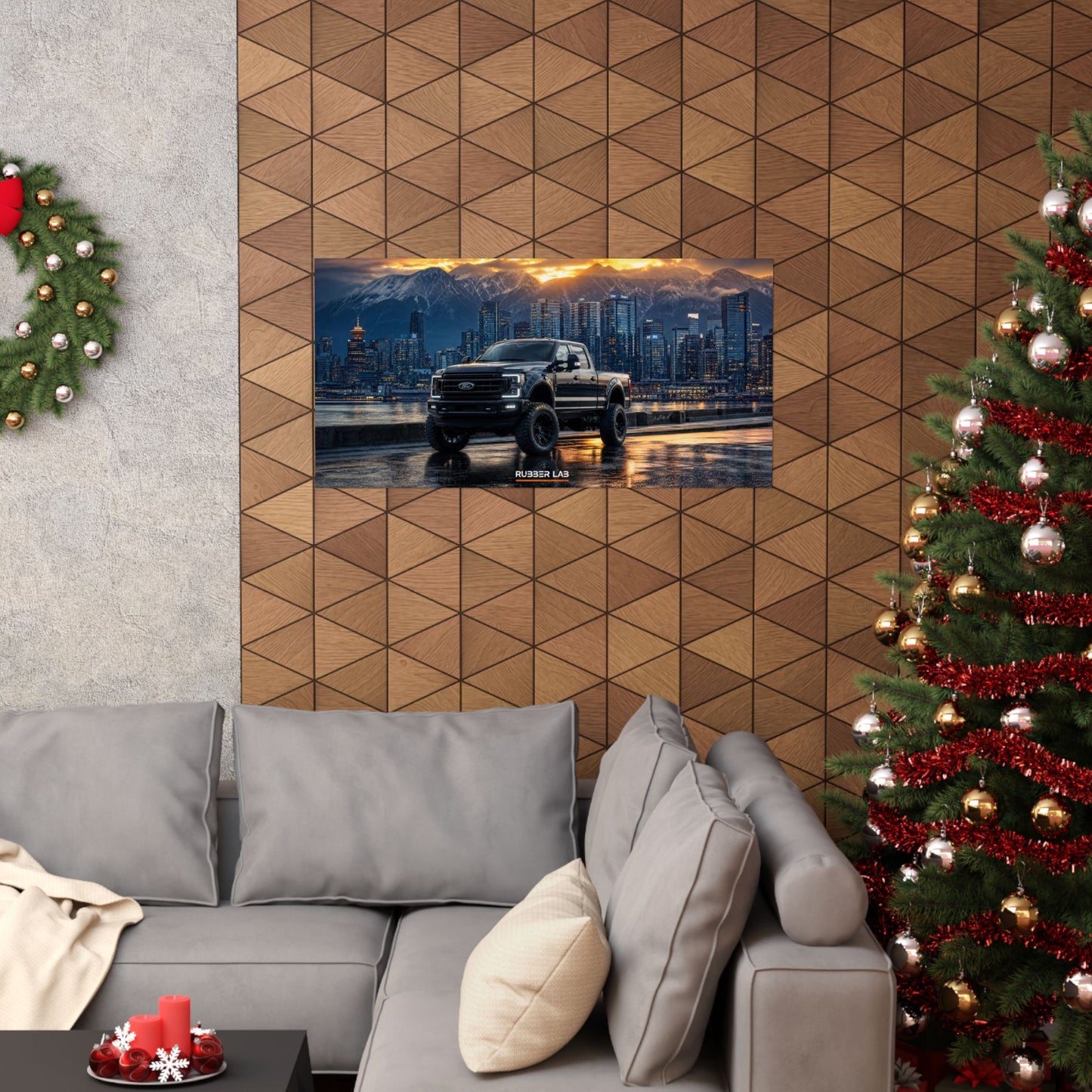 Lifted Black Pickup Truck Poster — Matte Horizontal Automotive Wall Art (Sunset Cityscape)