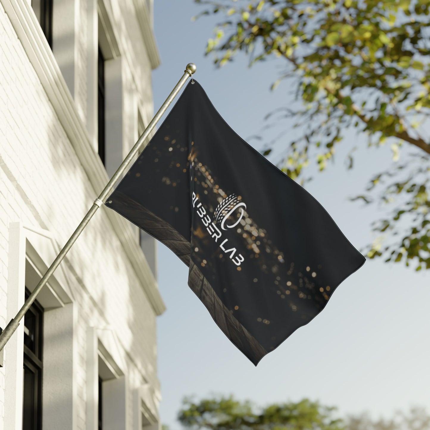 Double-Sided Logo Flag — Rubber Lab Night Skyline Outdoor Banner