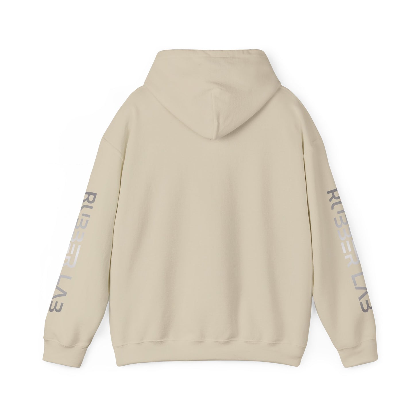 Rubber Lab Logo Hoodie — Minimalist White Graphic Pullover with Sleeve Branding