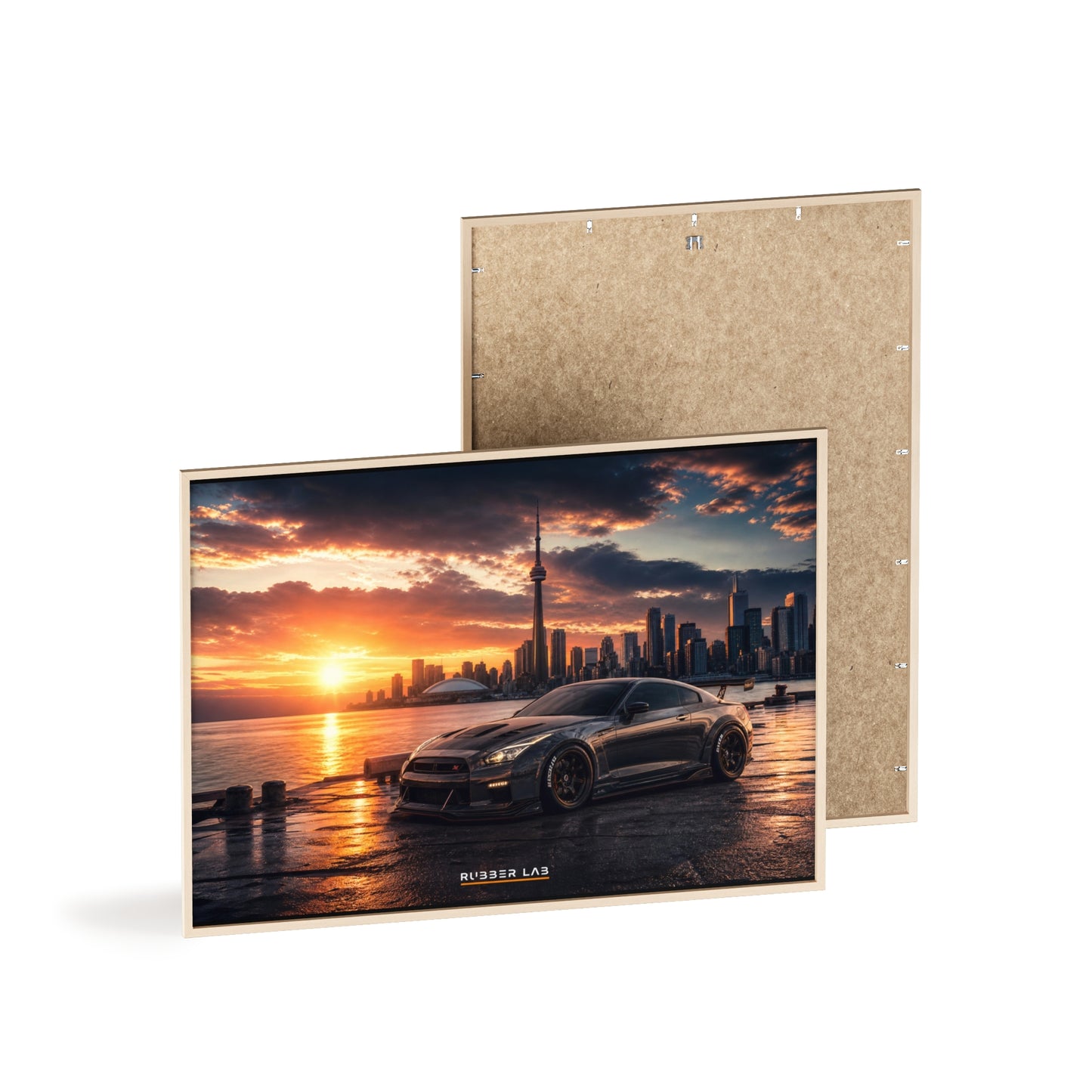 Sunset Skyline Sports Car Poster with Wooden Frame