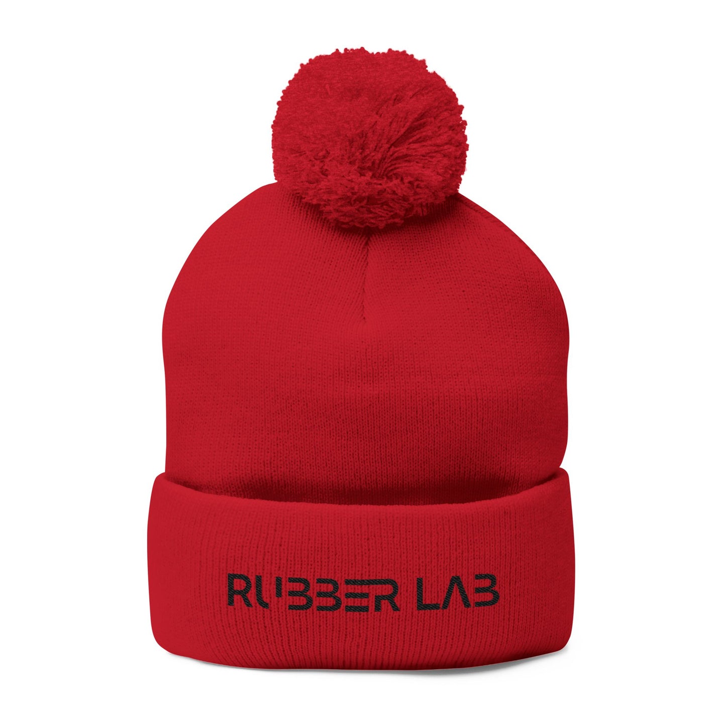 Embroidered Pom-Pom Knit Cap — Cozy Grey Beanie with 'RUBBER LAB' Logo