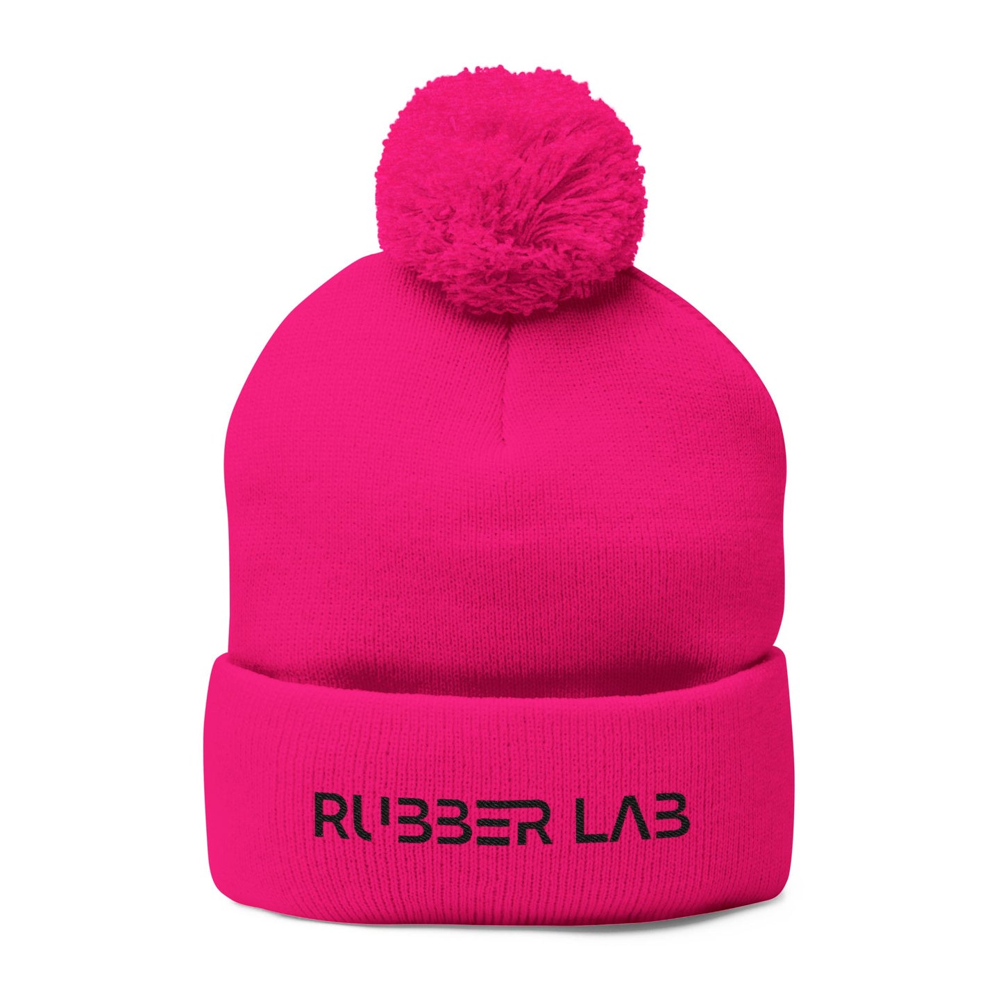 Embroidered Pom-Pom Knit Cap — Cozy Grey Beanie with 'RUBBER LAB' Logo