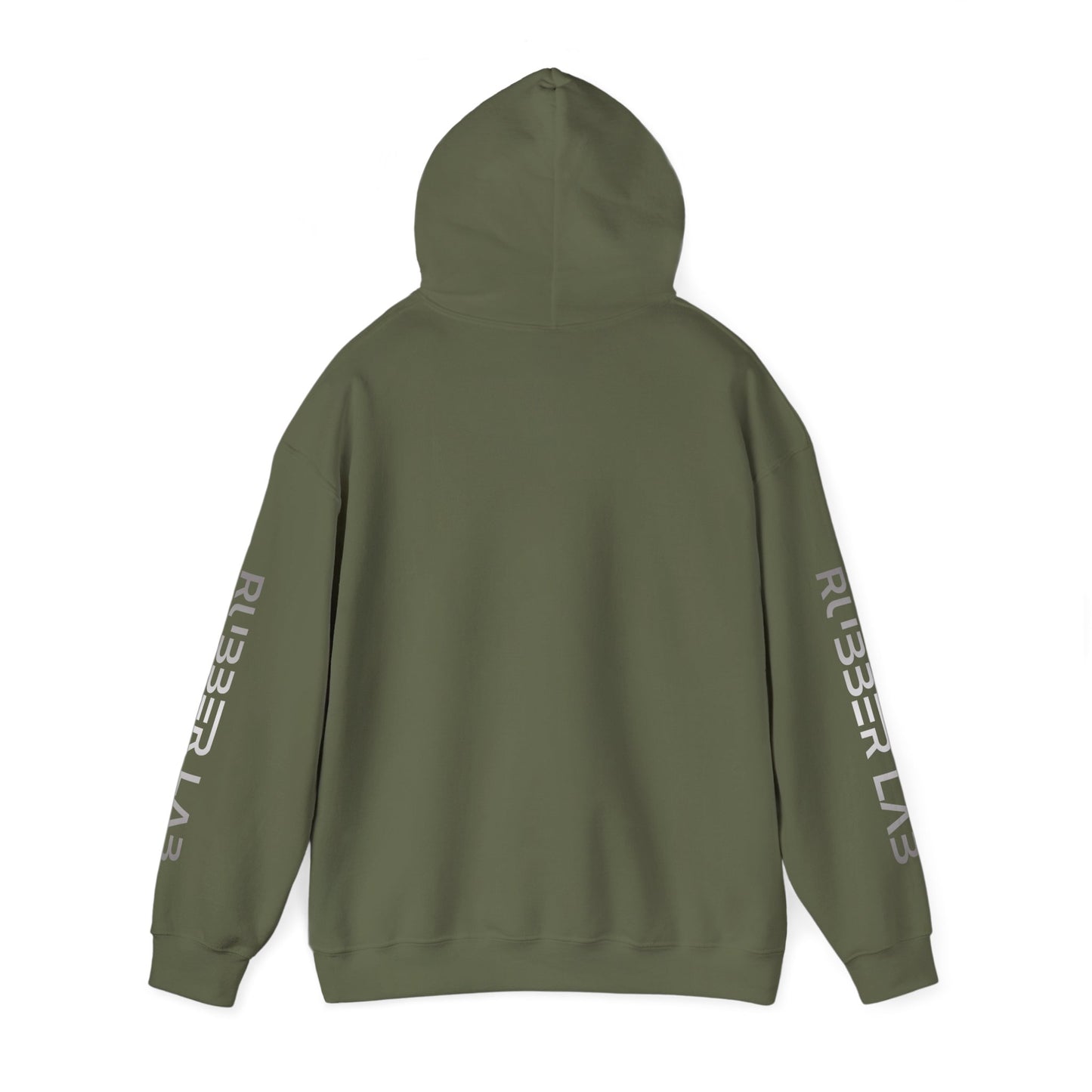 Rubber Lab Logo Hoodie — Minimalist White Graphic Pullover with Sleeve Branding