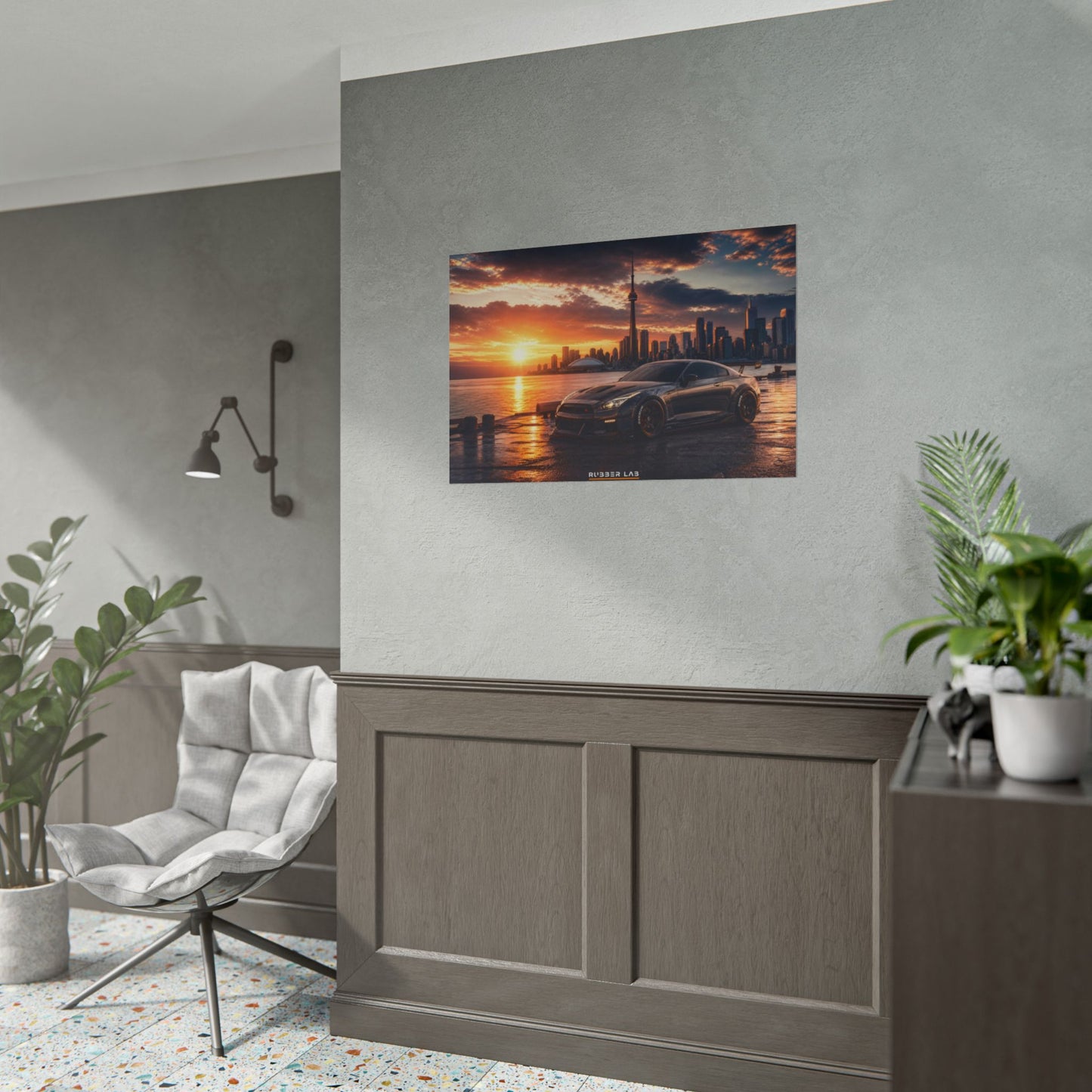 Sunset Skyline Sports Car Poster — Rolled Automotive Wall Art