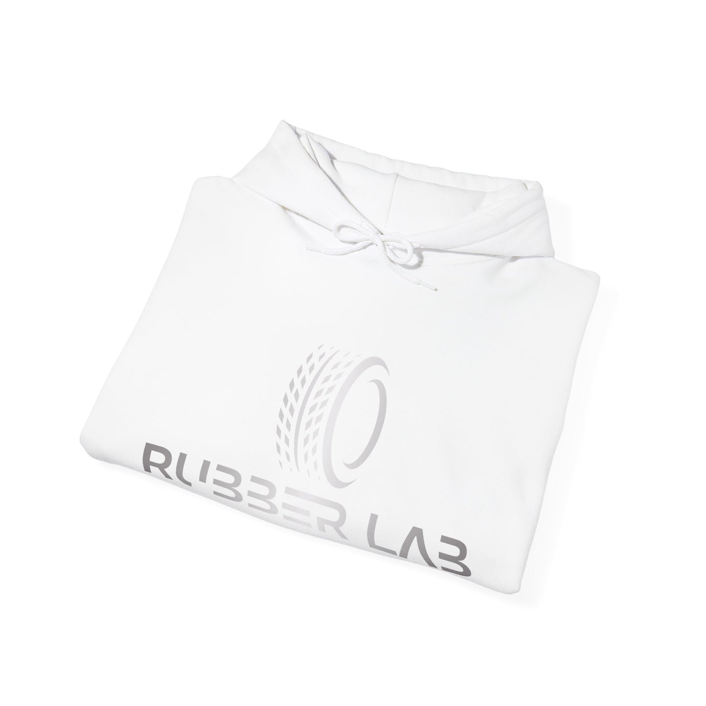 Rubber Lab Logo Hoodie — Minimalist White Graphic Pullover with Sleeve Branding