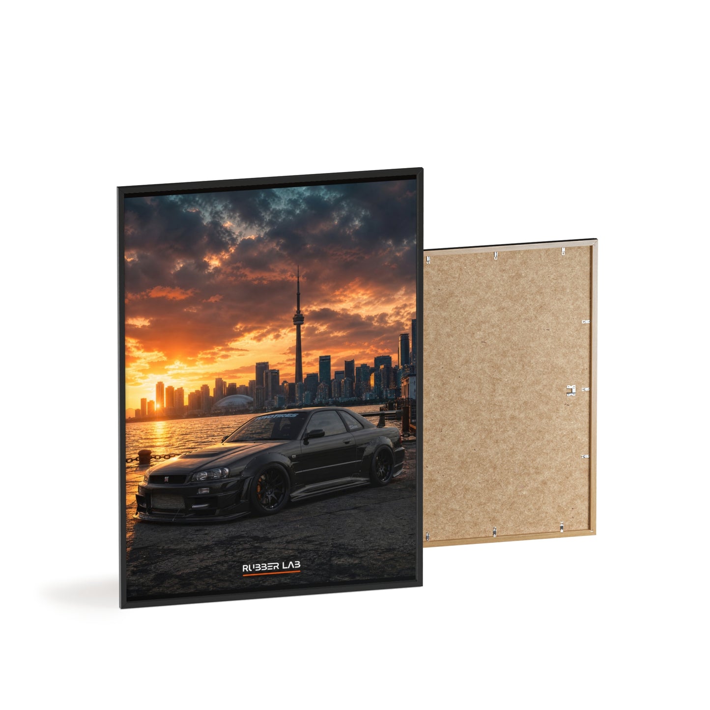 Sunset Skyline Sports Car Poster with Wooden Frame
