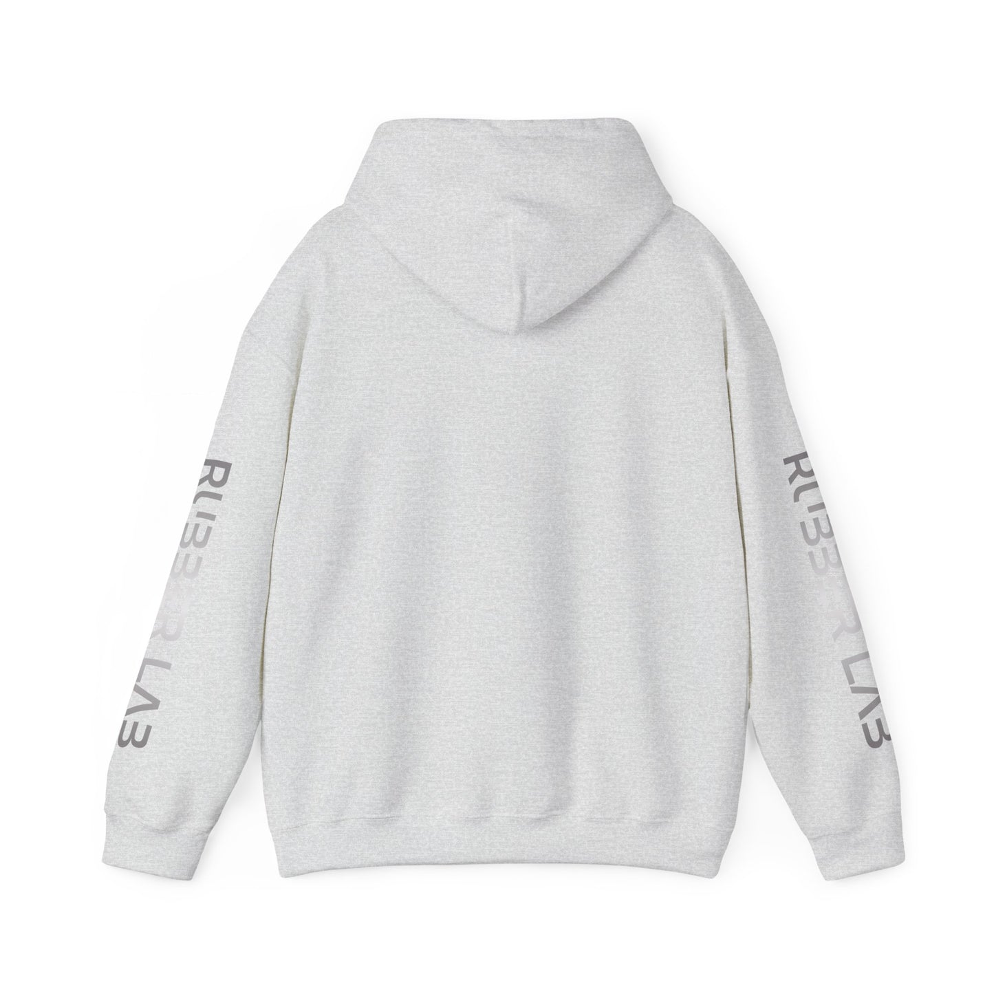 Rubber Lab Logo Hoodie — Minimalist White Graphic Pullover with Sleeve Branding