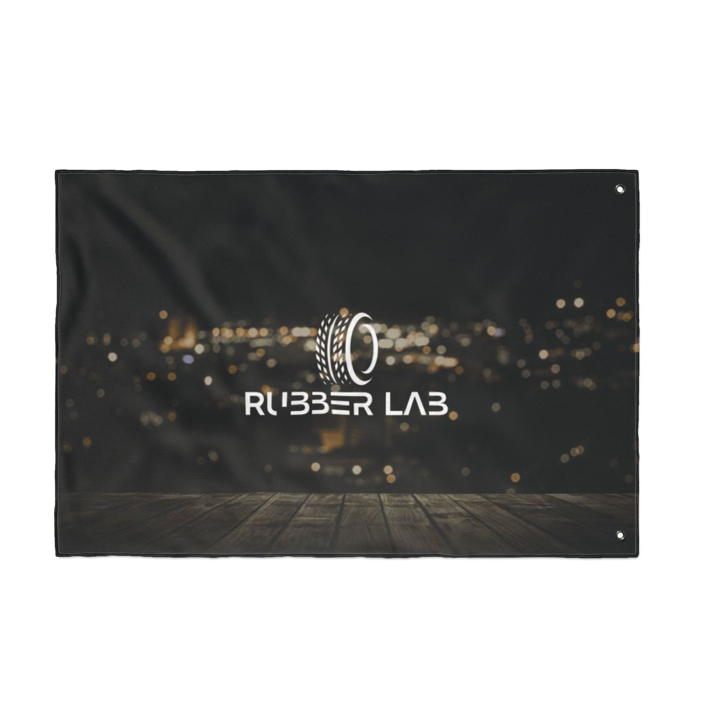 Double-Sided Logo Flag — Rubber Lab Night Skyline Outdoor Banner