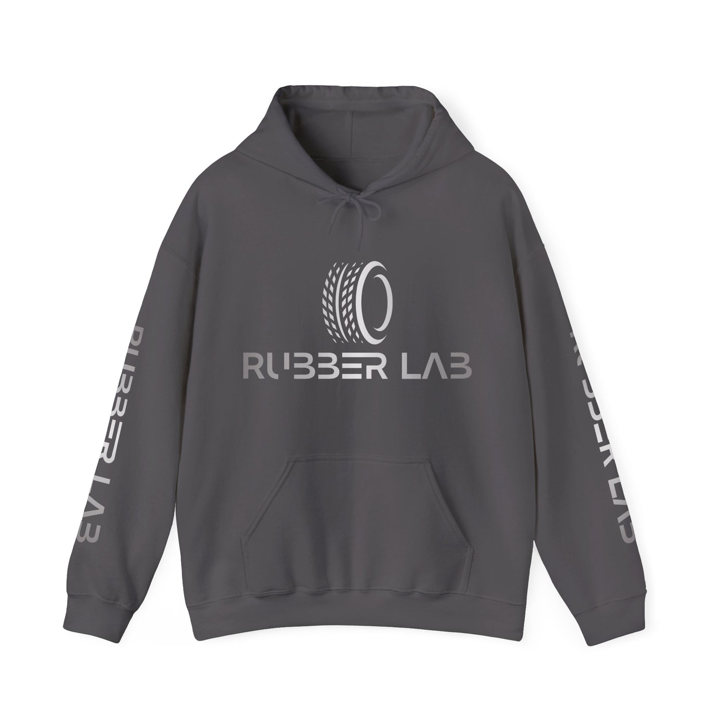 Rubber Lab Logo Hoodie — Minimalist White Graphic Pullover with Sleeve Branding