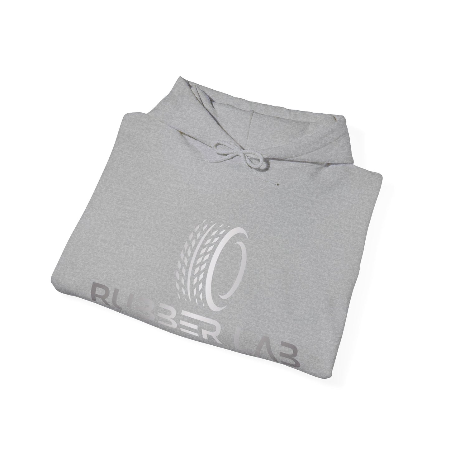 Rubber Lab Logo Hoodie — Minimalist White Graphic Pullover with Sleeve Branding