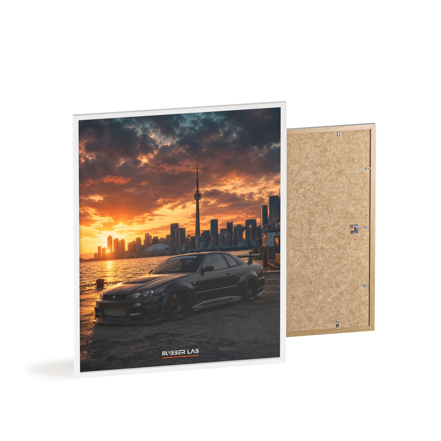 Sunset Skyline Sports Car Poster with Wooden Frame