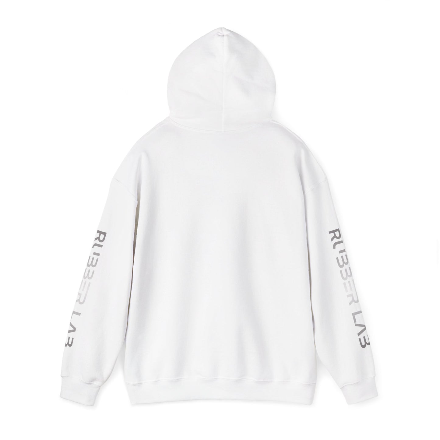 Rubber Lab Logo Hoodie — Minimalist White Graphic Pullover with Sleeve Branding