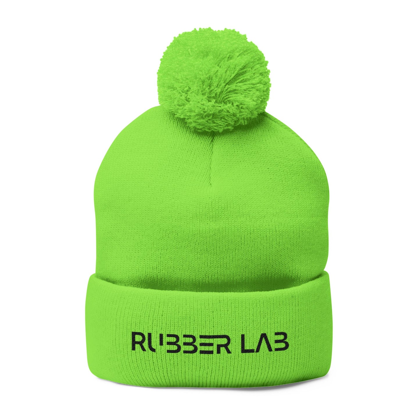 Embroidered Pom-Pom Knit Cap — Cozy Grey Beanie with 'RUBBER LAB' Logo