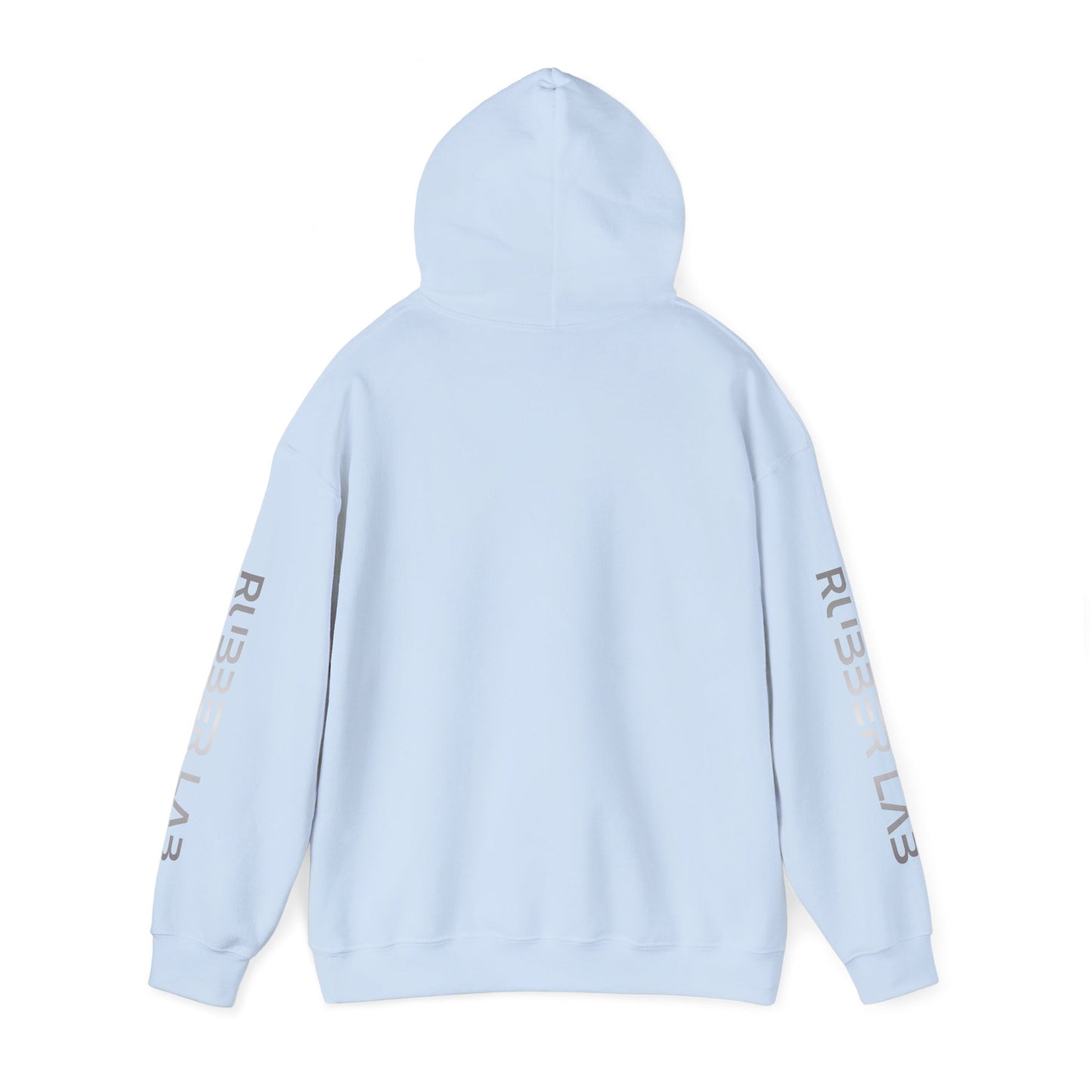 Rubber Lab Logo Hoodie — Minimalist White Graphic Pullover with Sleeve Branding