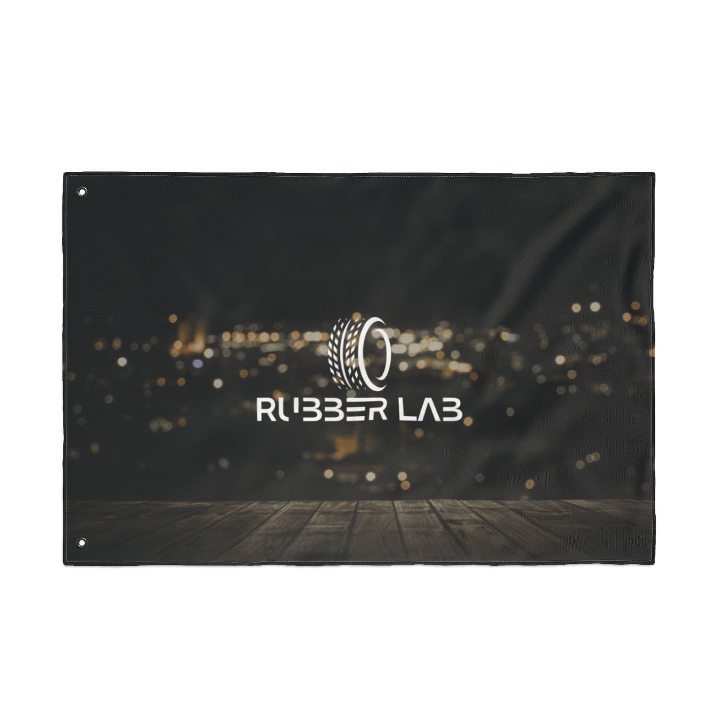 Double-Sided Logo Flag — Rubber Lab Night Skyline Outdoor Banner