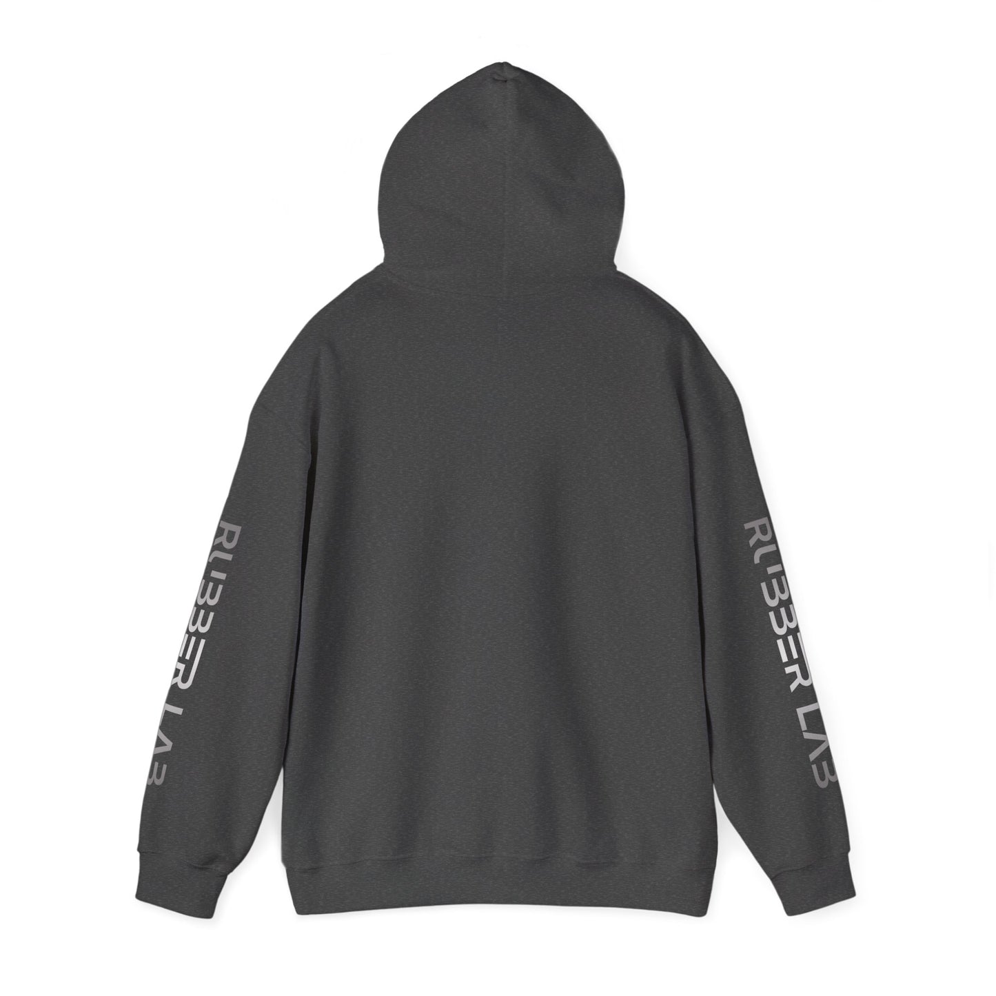 Rubber Lab Logo Hoodie — Minimalist White Graphic Pullover with Sleeve Branding