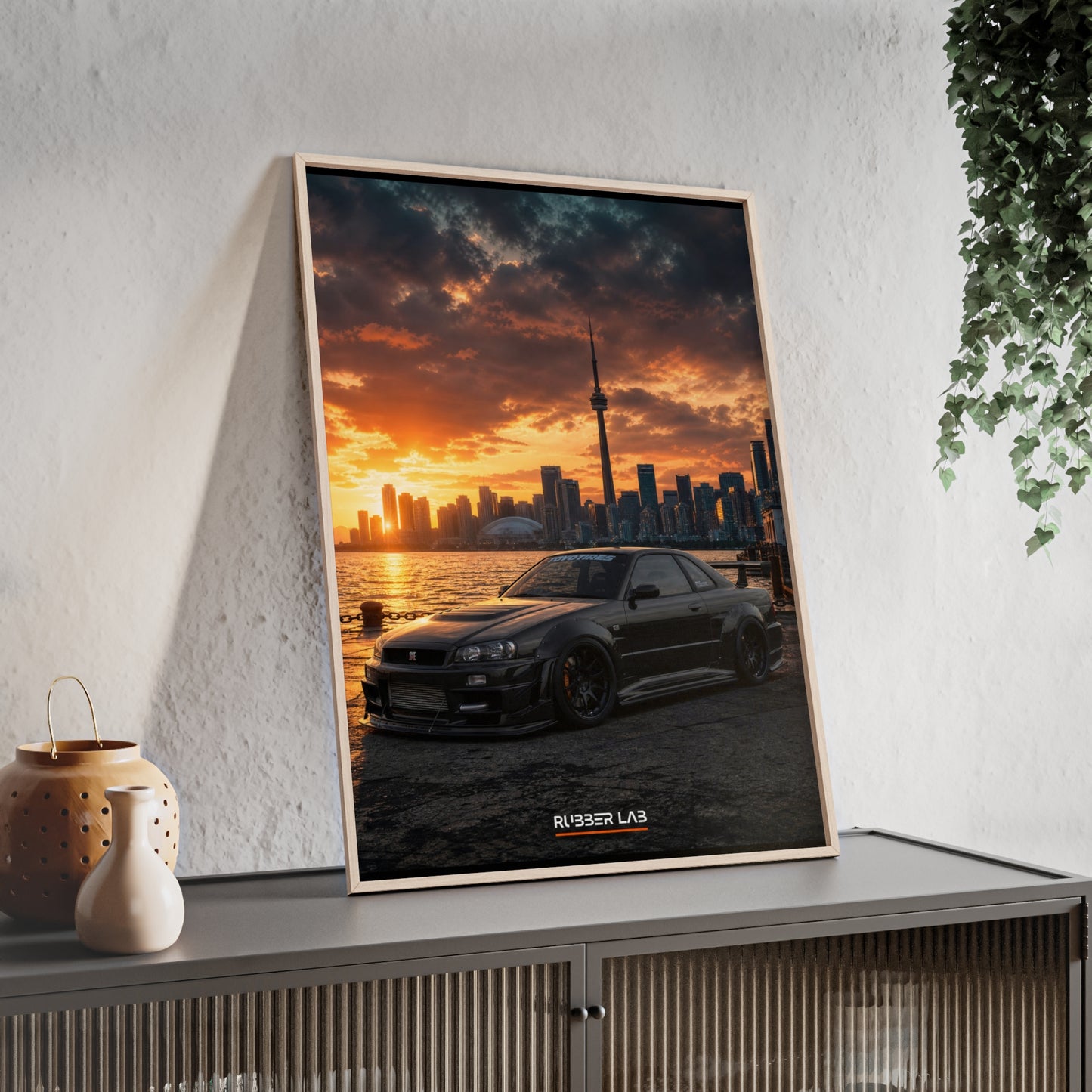 Sunset Skyline Sports Car Poster with Wooden Frame