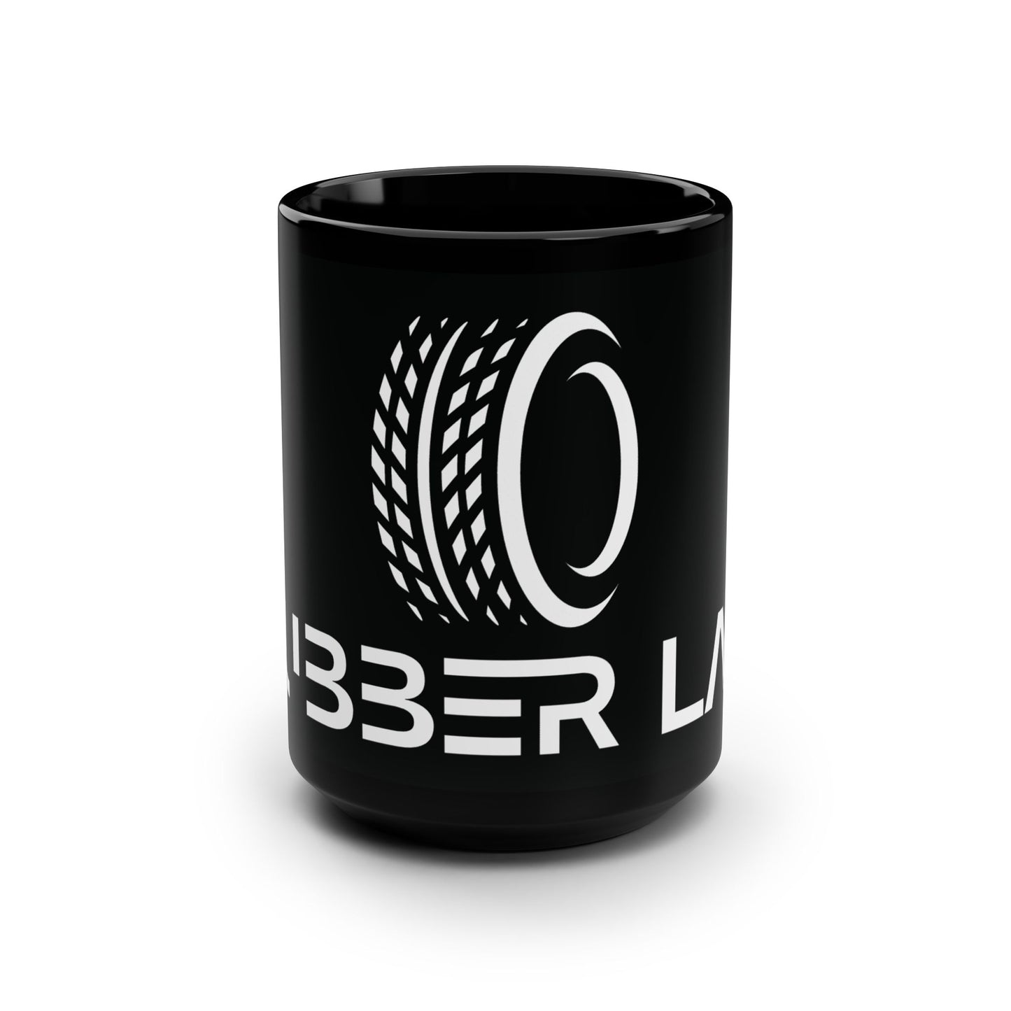 Ribber Lab Black 15oz Coffee Mug — Tire Logo Ceramic Mug for Car Enthusiasts