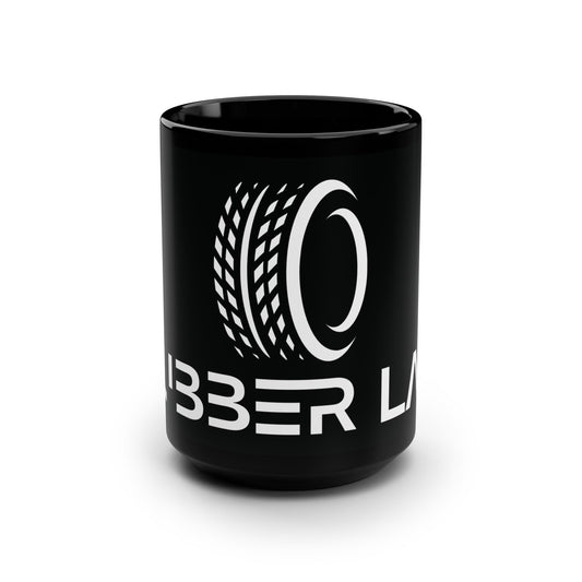 Ribber Lab Black 15oz Coffee Mug — Tire Logo Ceramic Mug for Car Enthusiasts