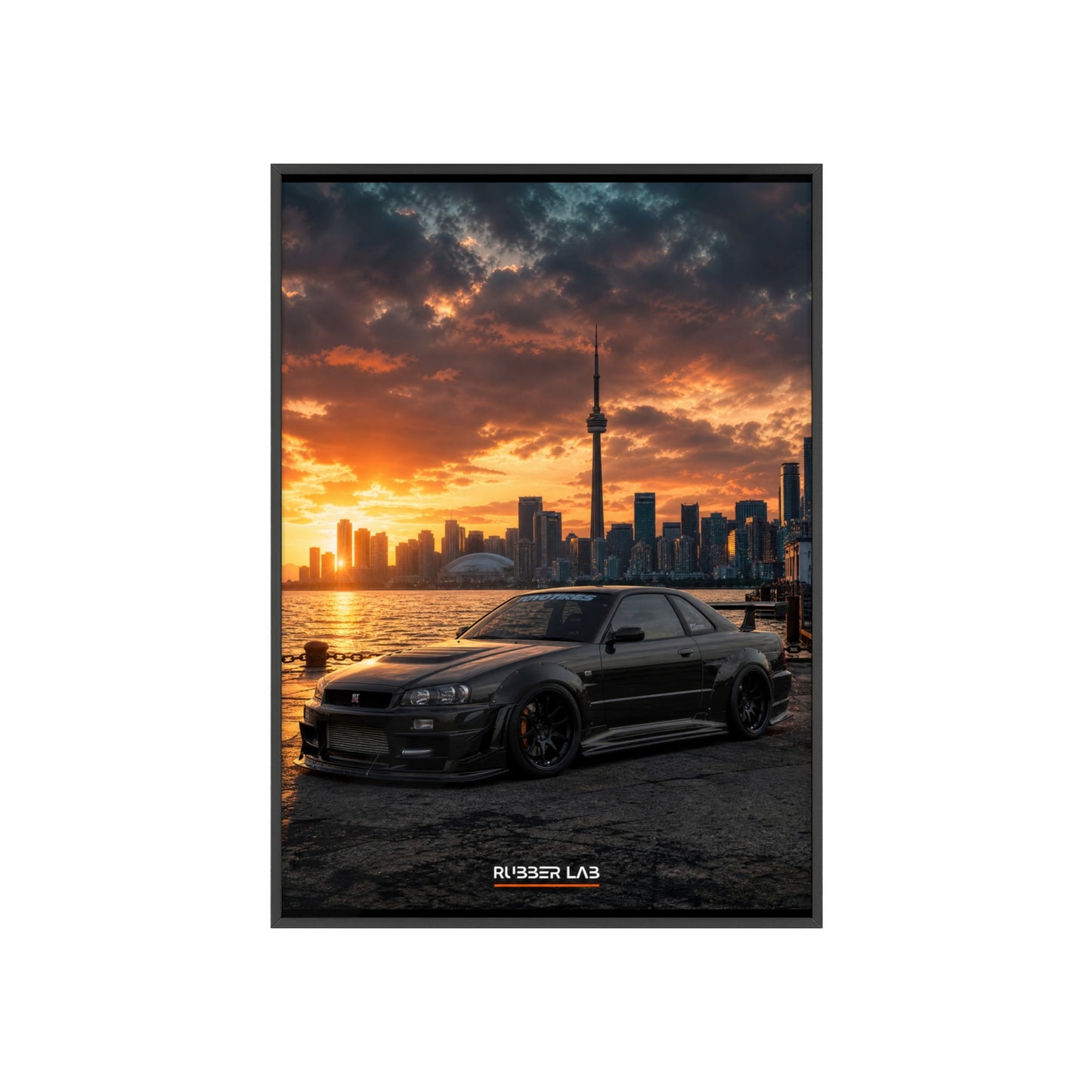 Sunset Skyline Sports Car Poster with Wooden Frame