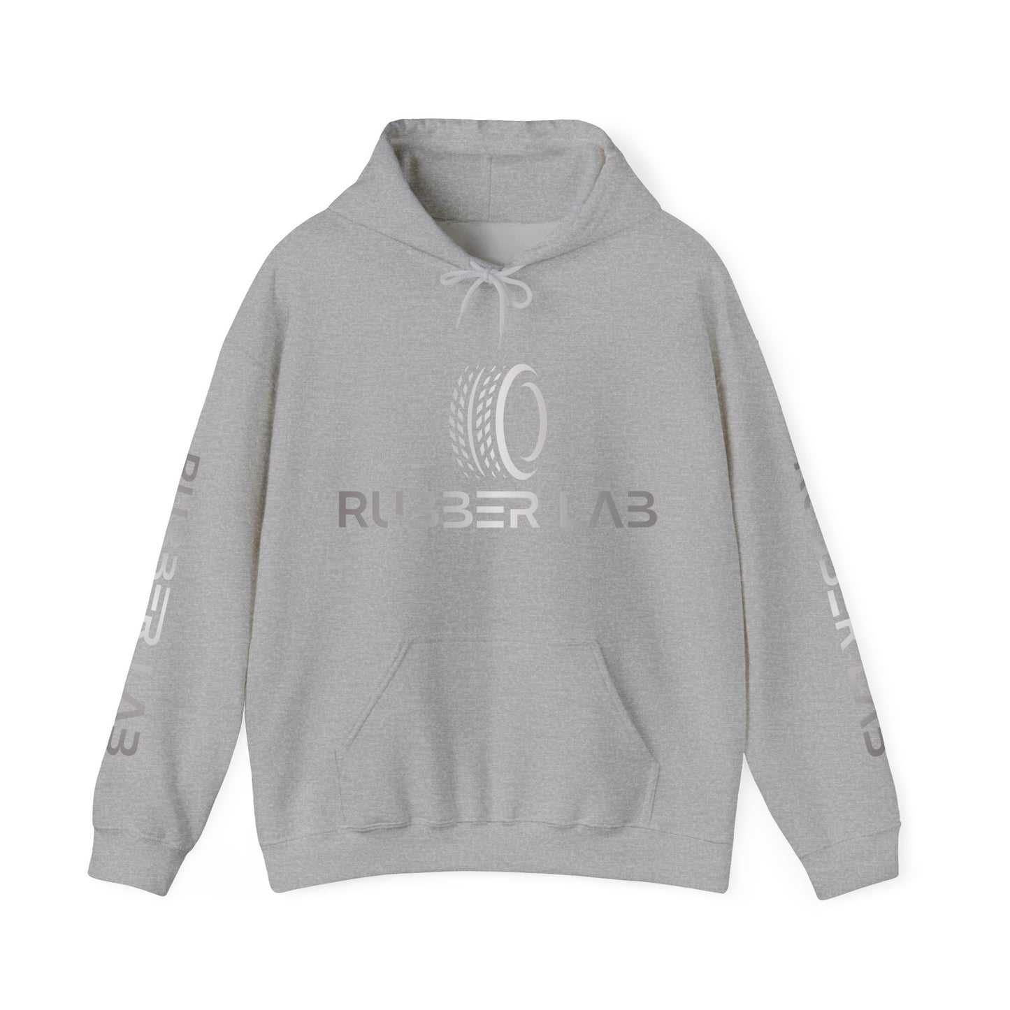 Rubber Lab Logo Hoodie — Minimalist White Graphic Pullover with Sleeve Branding