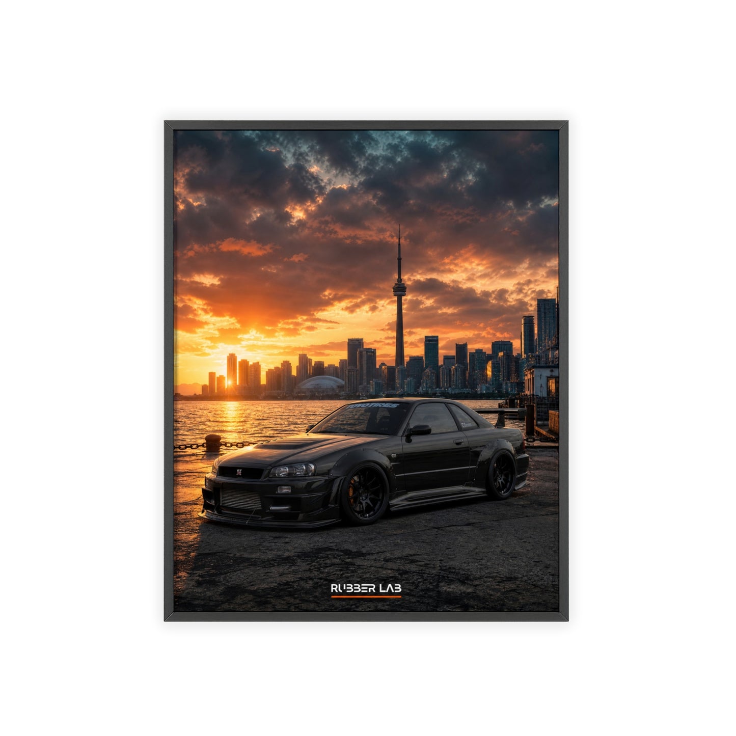 Sunset Skyline Sports Car Poster with Wooden Frame
