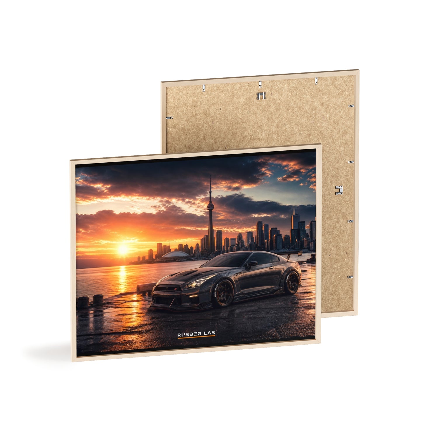Sunset Skyline Sports Car Poster with Wooden Frame