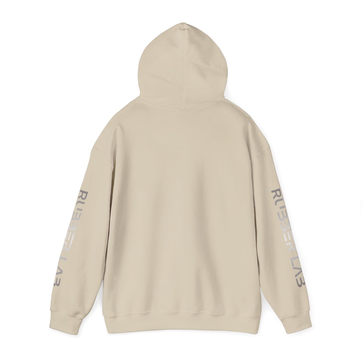 Rubber Lab Logo Hoodie — Minimalist White Graphic Pullover with Sleeve Branding