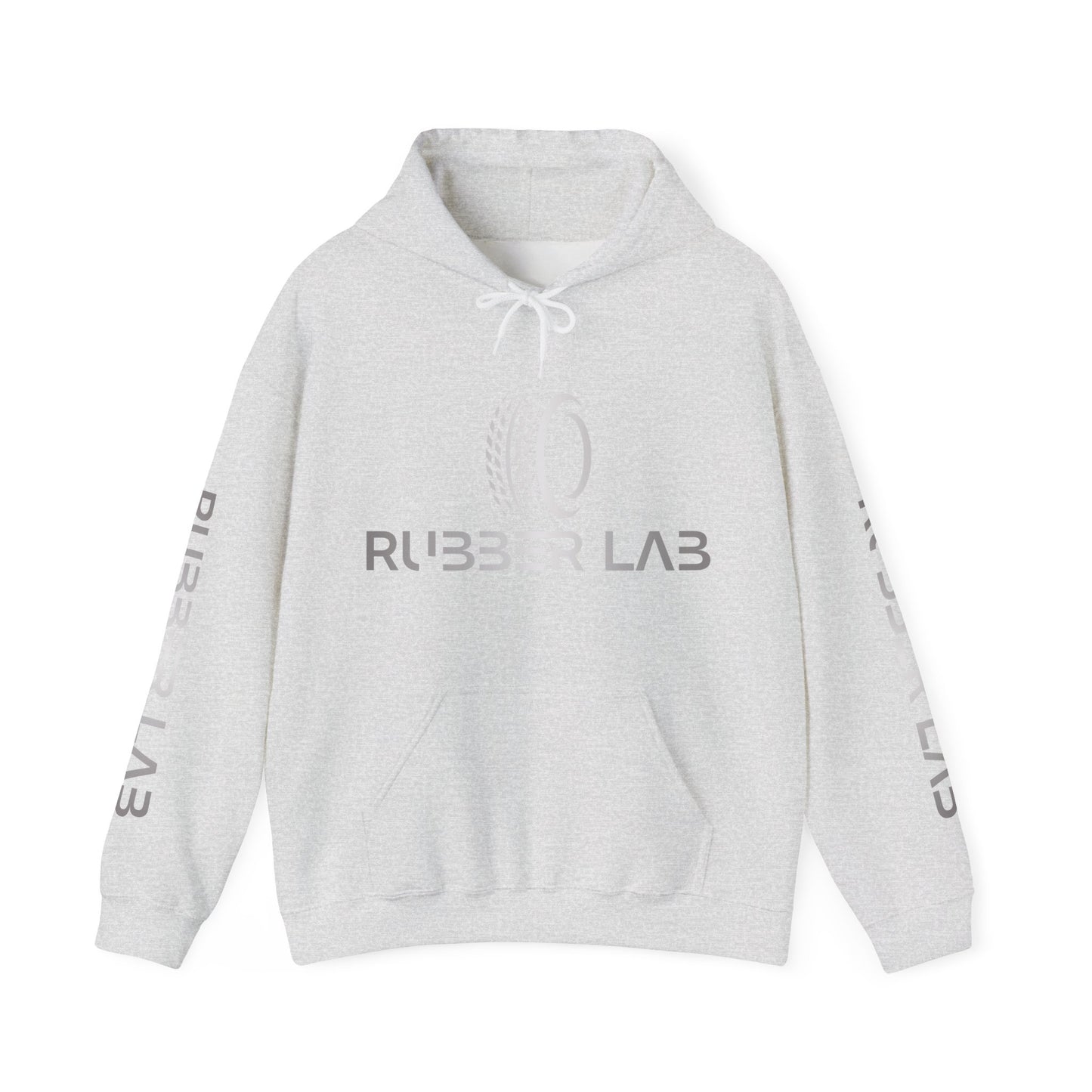 Rubber Lab Logo Hoodie — Minimalist White Graphic Pullover with Sleeve Branding