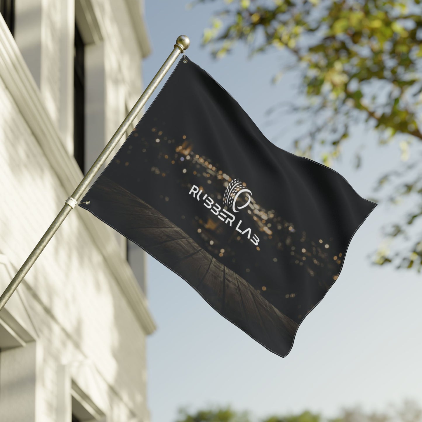 Double-Sided Logo Flag — Rubber Lab Night Skyline Outdoor Banner