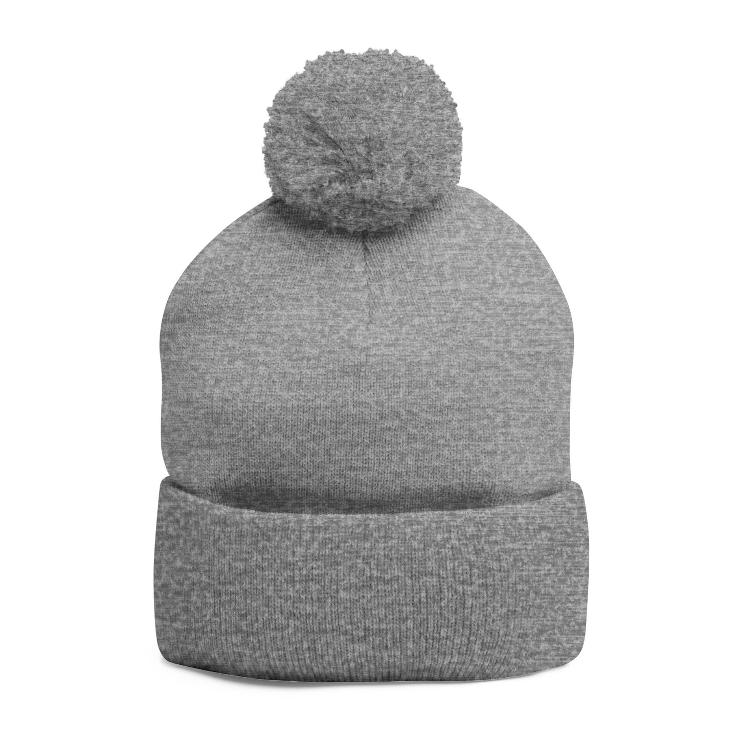 Embroidered Pom-Pom Knit Cap — Cozy Grey Beanie with 'RUBBER LAB' Logo