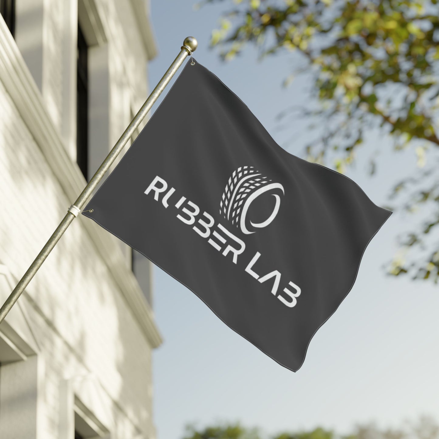 Garage Flag – Double-Sided 'Rubber Lab' Tire Logo Banner