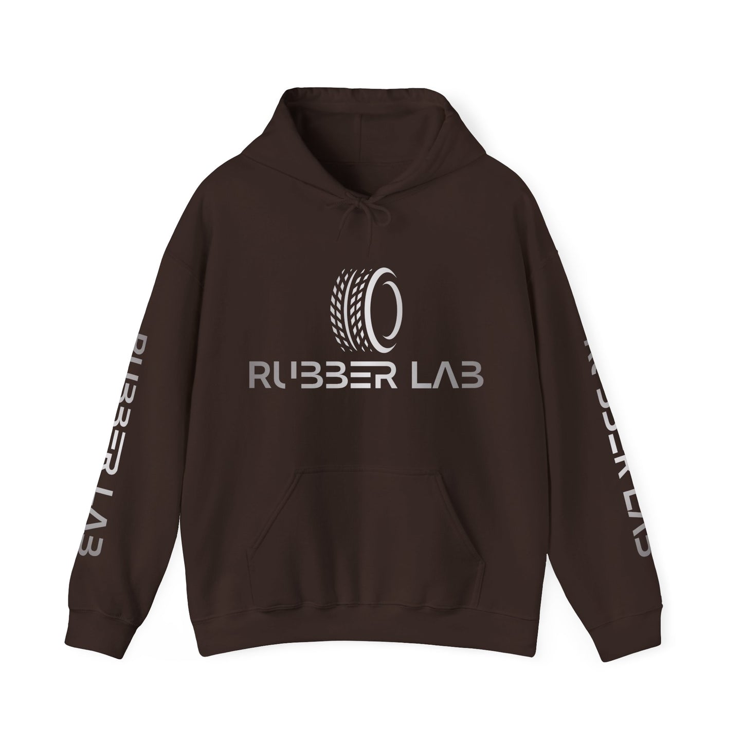 Rubber Lab Logo Hoodie — Minimalist White Graphic Pullover with Sleeve Branding