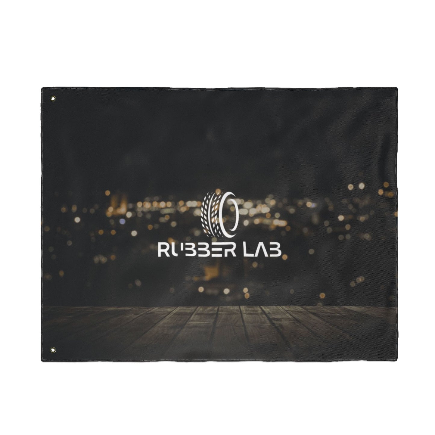 Double-Sided Logo Flag — Rubber Lab Night Skyline Outdoor Banner