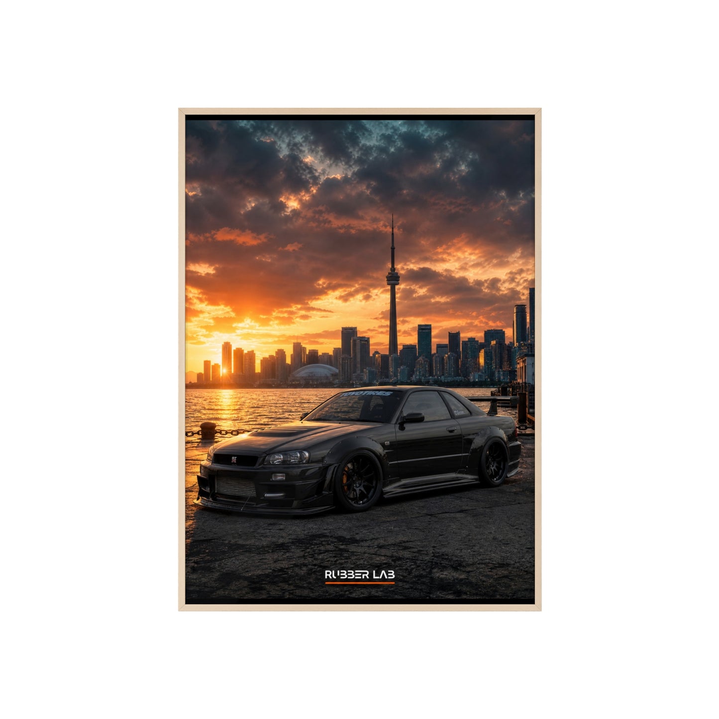 Sunset Skyline Sports Car Poster with Wooden Frame