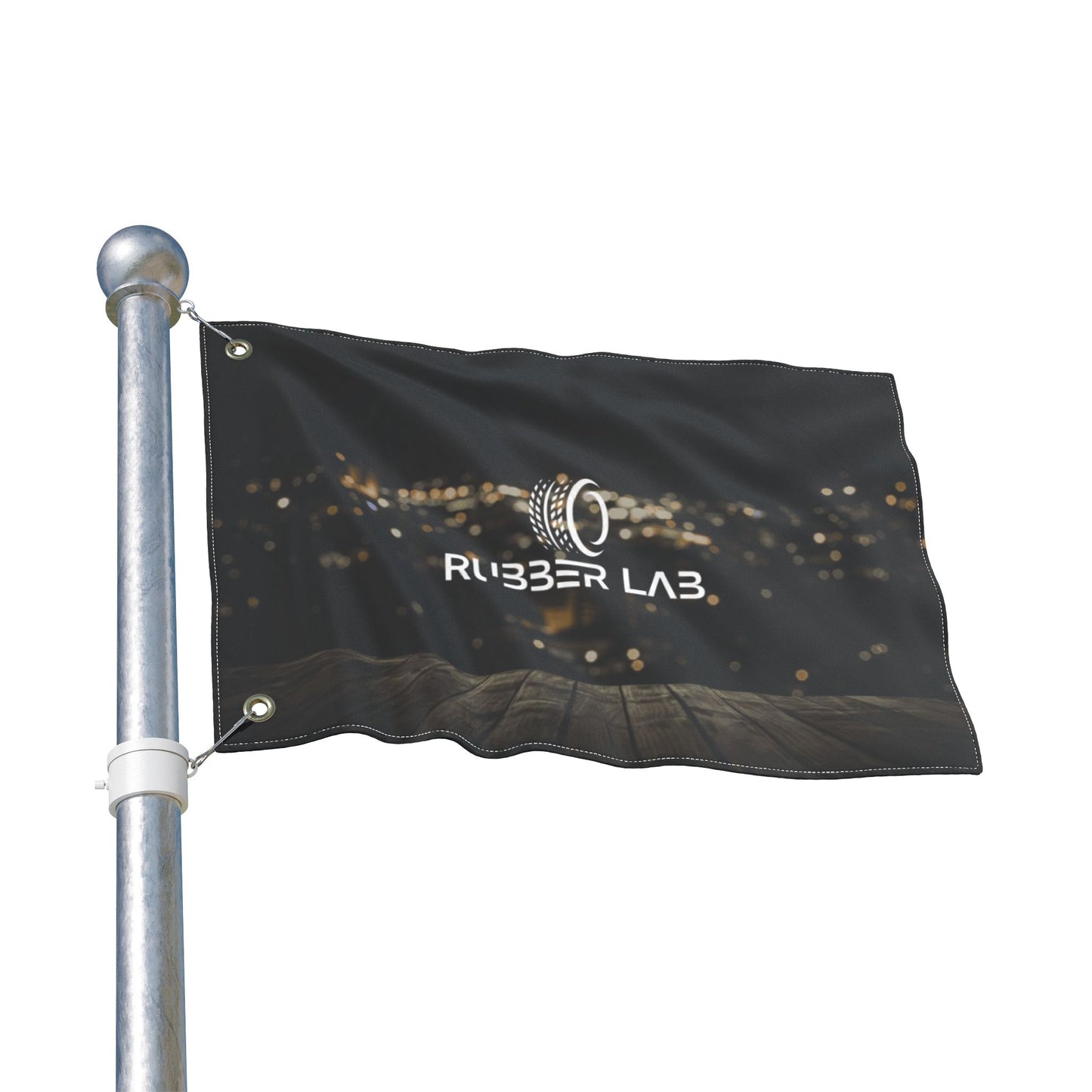 Double-Sided Logo Flag — Rubber Lab Night Skyline Outdoor Banner