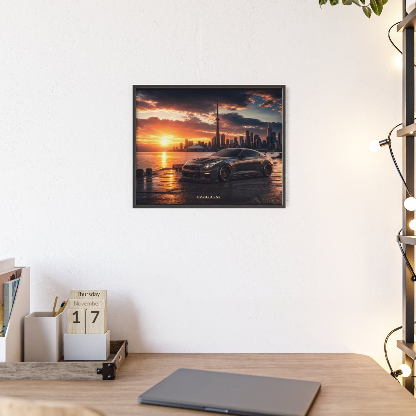 Sunset Skyline Sports Car Poster with Wooden Frame