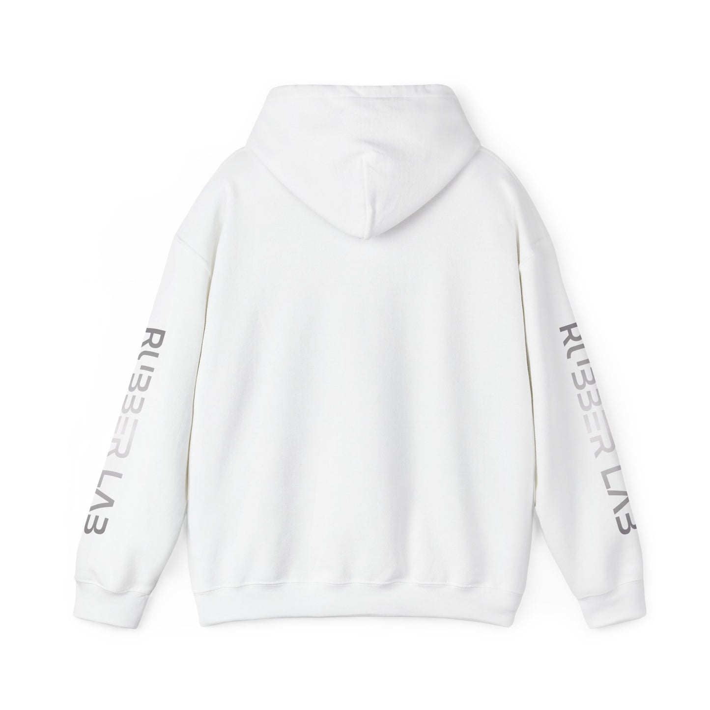 Rubber Lab Logo Hoodie — Minimalist White Graphic Pullover with Sleeve Branding