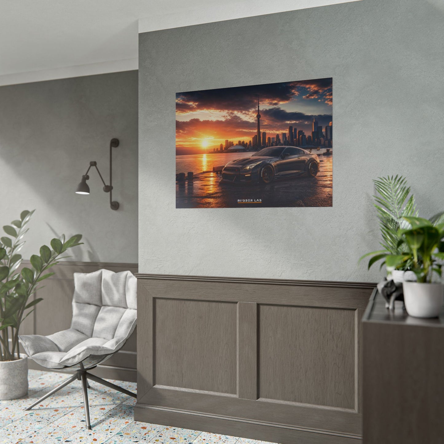 Sunset Skyline Sports Car Poster — Rolled Automotive Wall Art