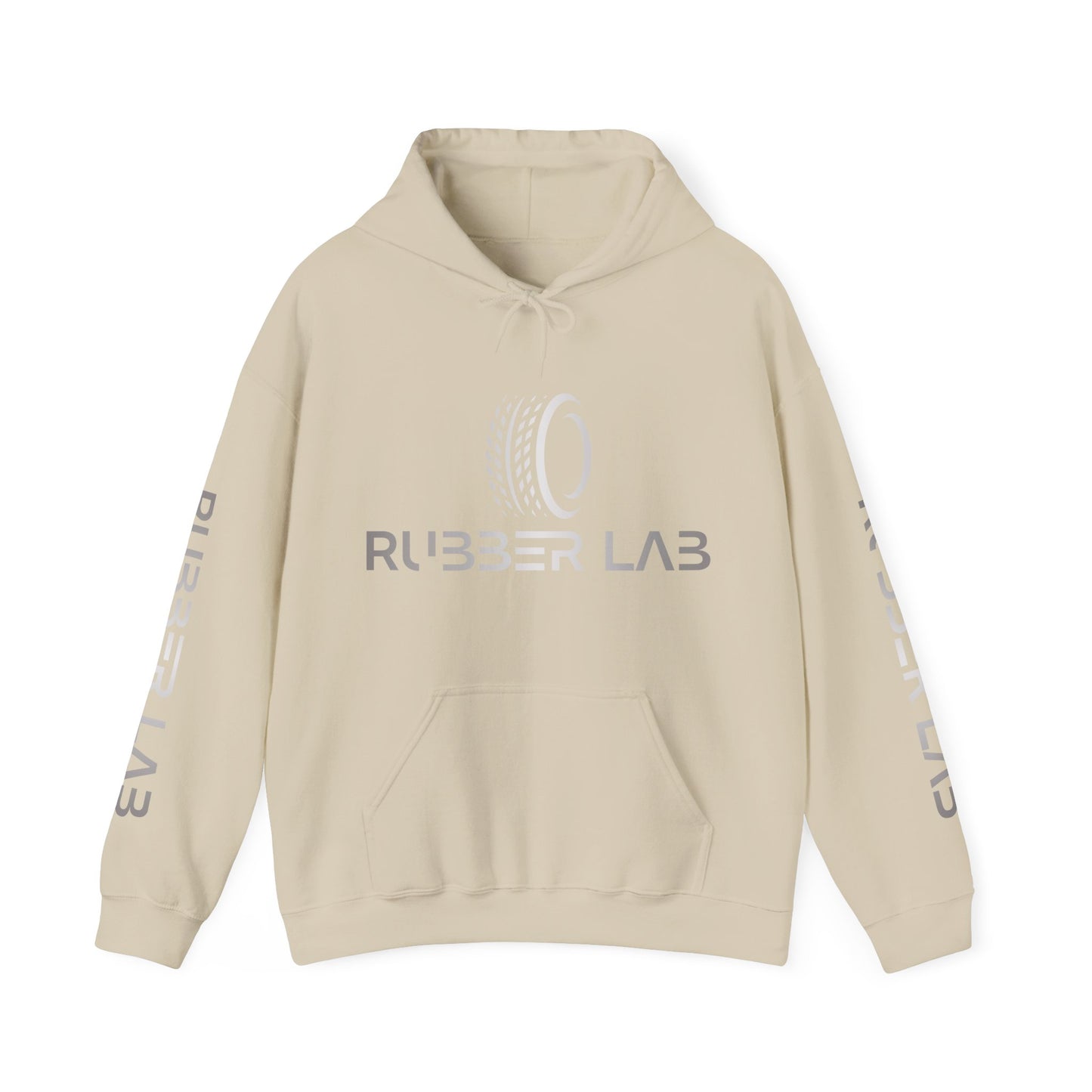 Rubber Lab Logo Hoodie — Minimalist White Graphic Pullover with Sleeve Branding