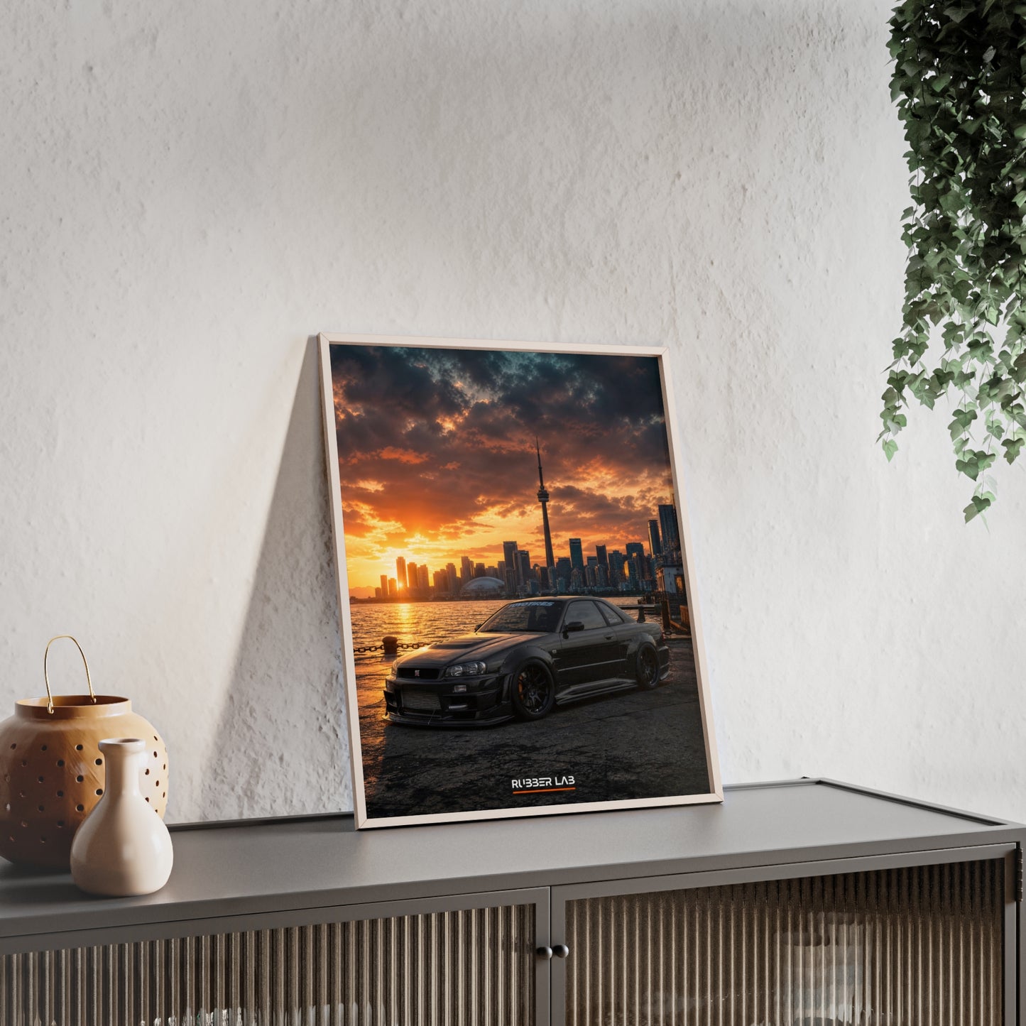 Sunset Skyline Sports Car Poster with Wooden Frame