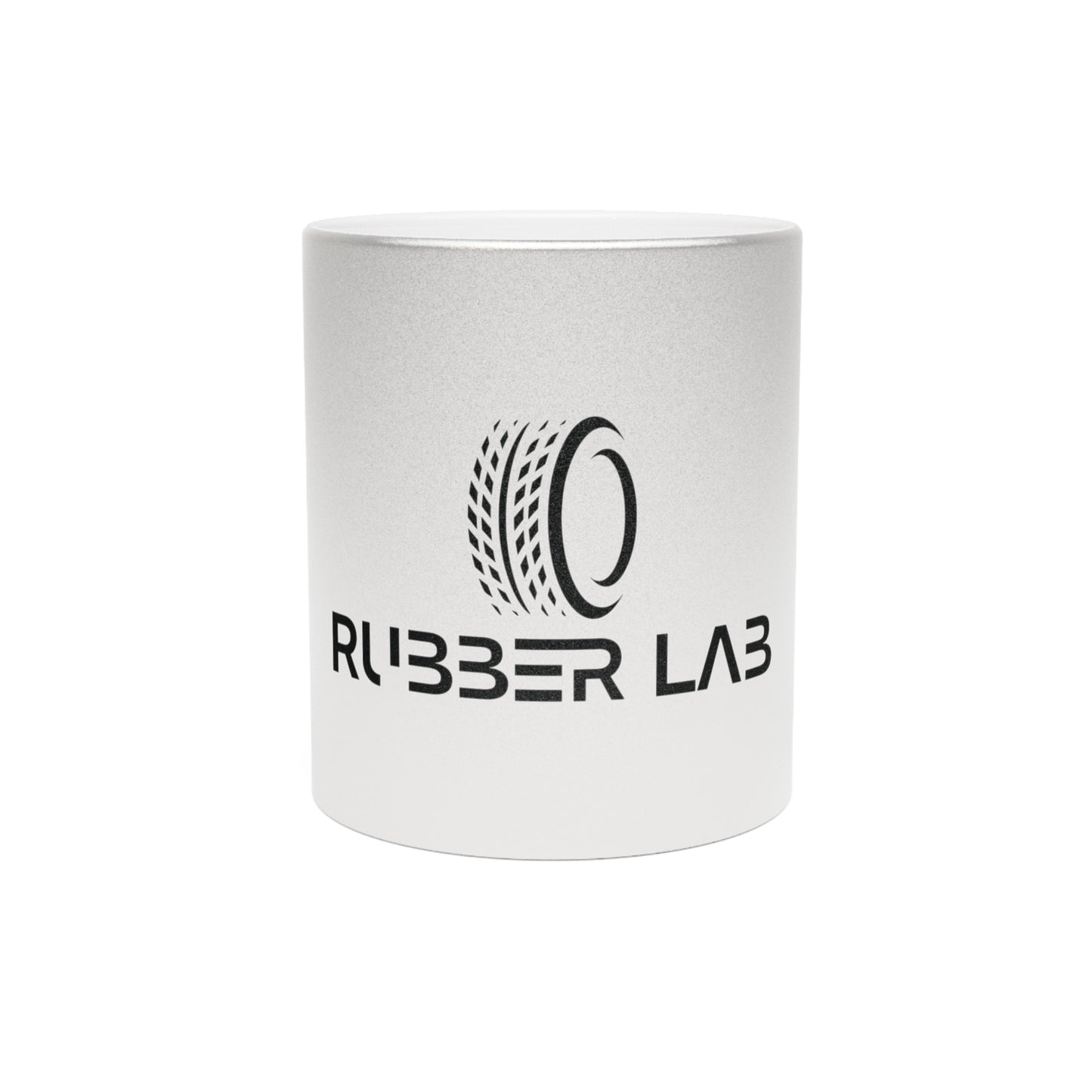 Rubber Lab Logo Metallic Mug — Silver/Gold Coffee Cup for Car Enthusiasts