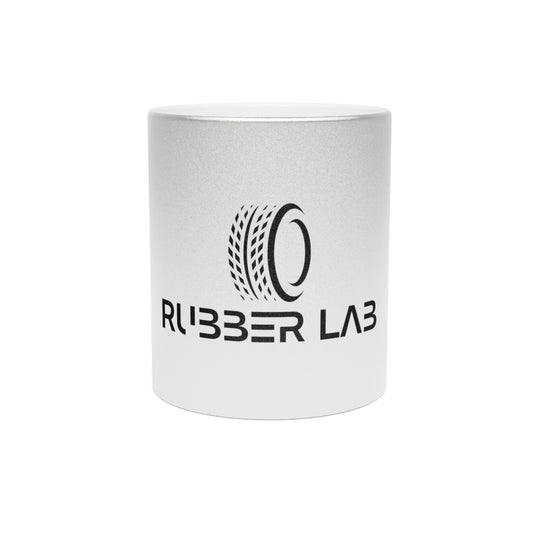Rubber Lab Logo Metallic Mug — Silver/Gold Coffee Cup for Car Enthusiasts