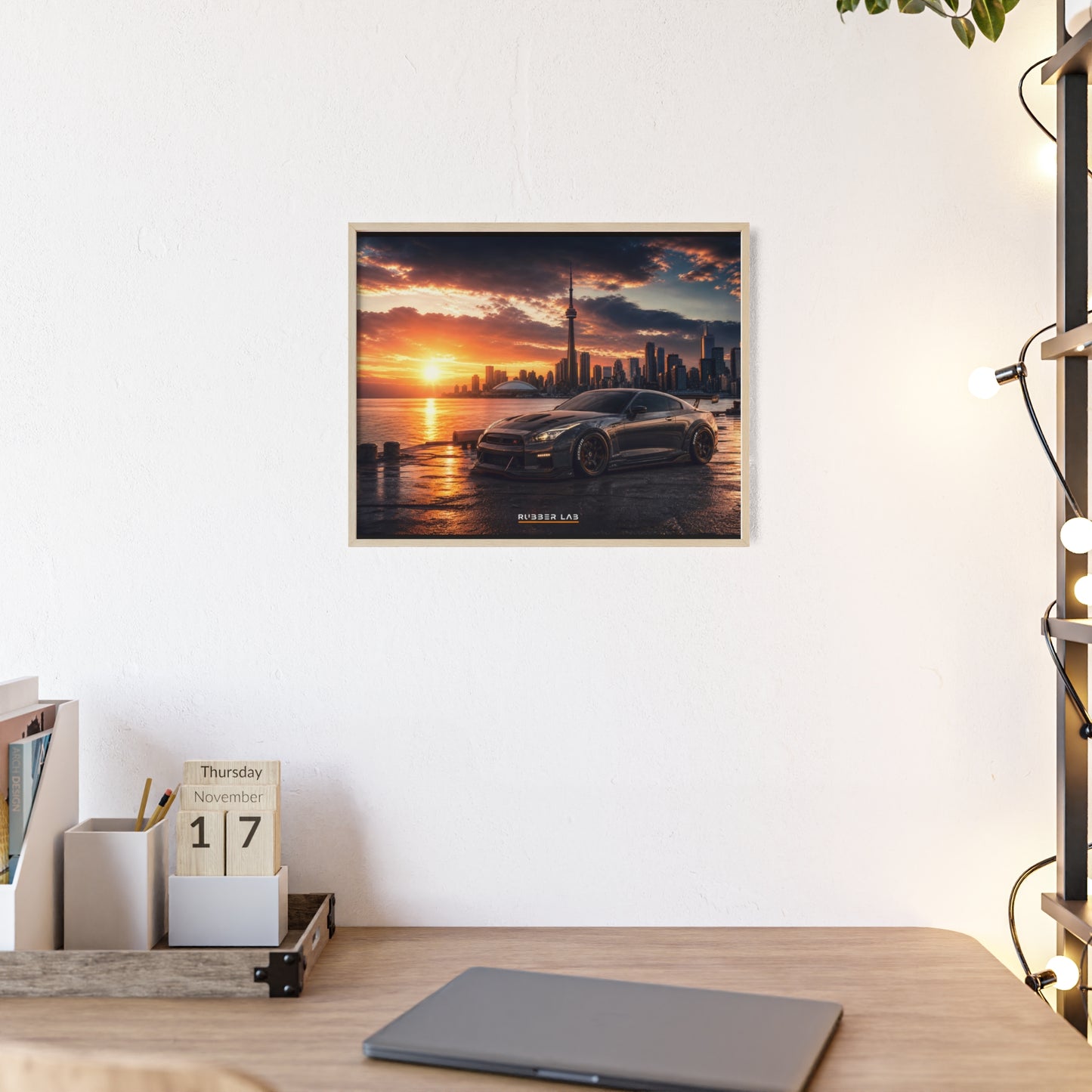 Sunset Skyline Sports Car Poster with Wooden Frame