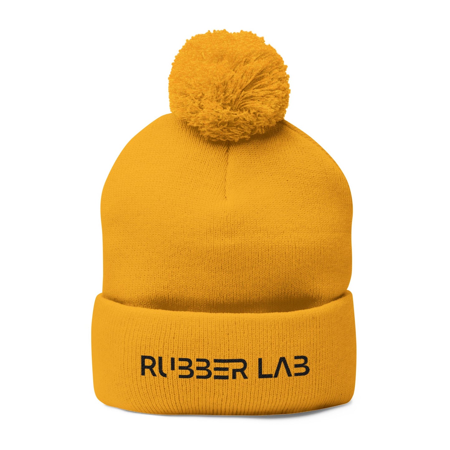 Embroidered Pom-Pom Knit Cap — Cozy Grey Beanie with 'RUBBER LAB' Logo