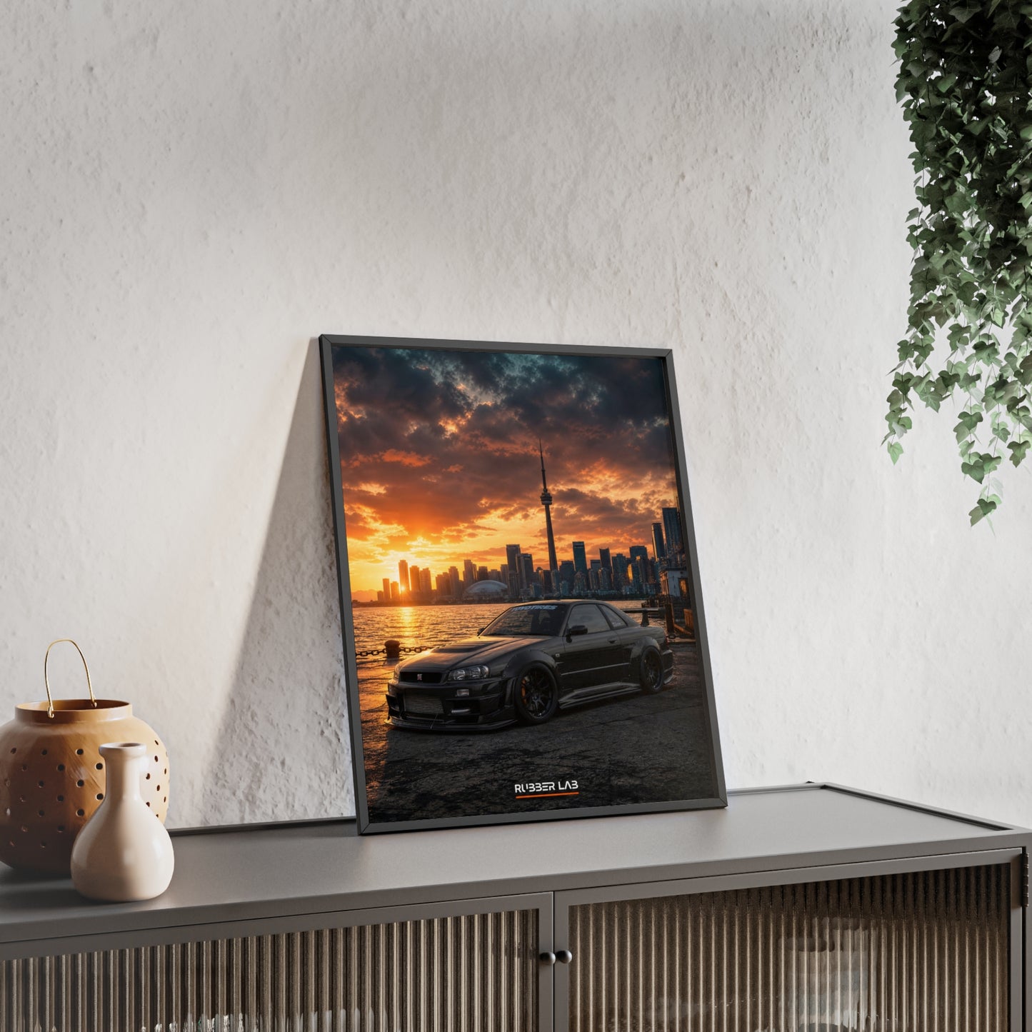 Sunset Skyline Sports Car Poster with Wooden Frame