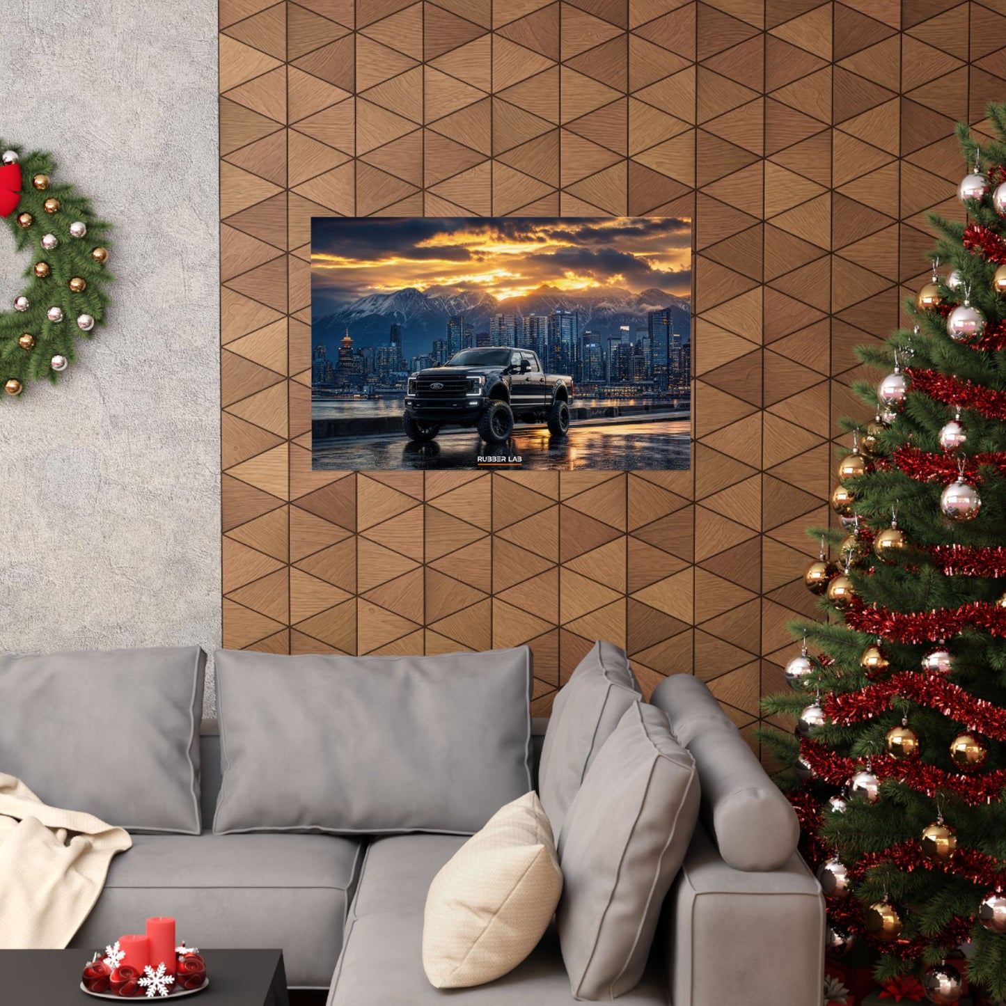 Lifted Black Pickup Truck Poster — Matte Horizontal Automotive Wall Art (Sunset Cityscape)