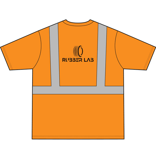 ANSI Class 2 High-Visibility Orange Safety Tee — 'Rubber Lab' Tire Logo