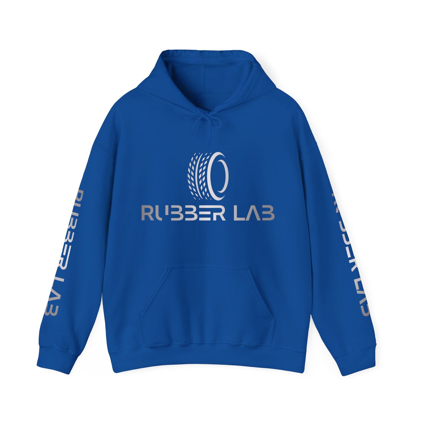 Rubber Lab Logo Hoodie — Minimalist White Graphic Pullover with Sleeve Branding