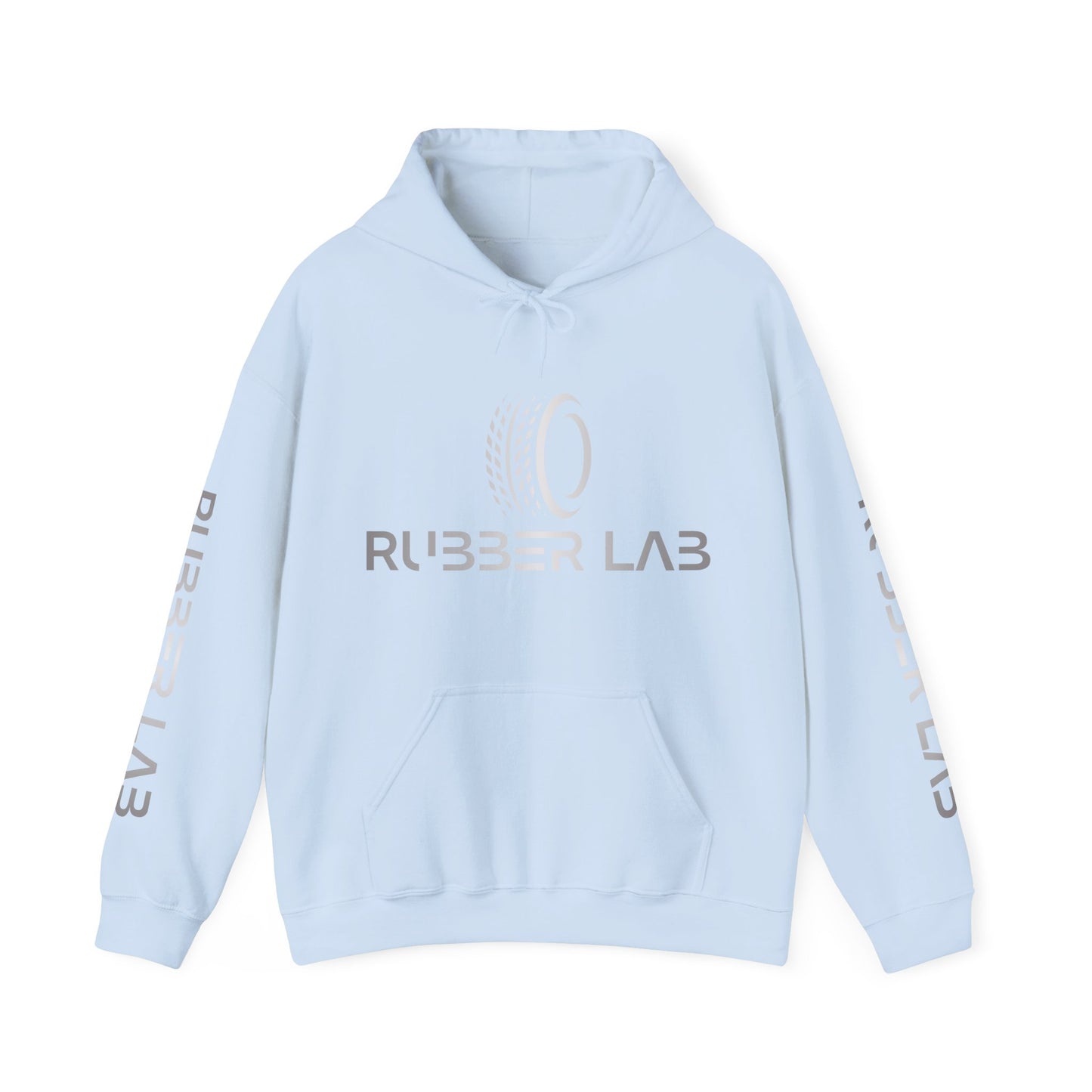 Rubber Lab Logo Hoodie — Minimalist White Graphic Pullover with Sleeve Branding